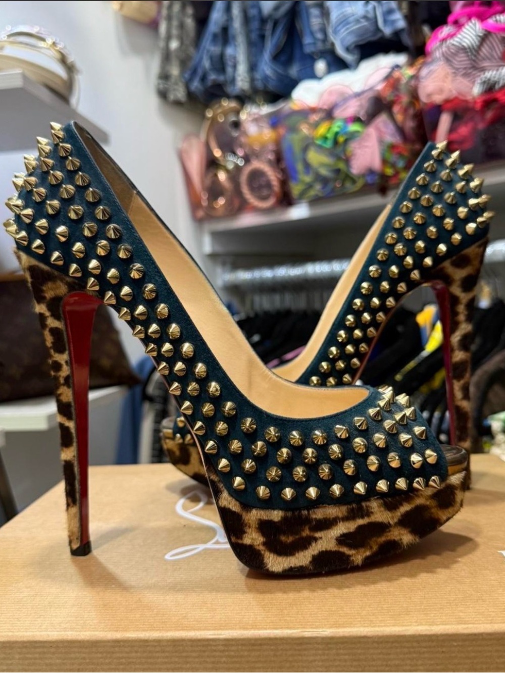 Christian Louboutin Studded Leopard Platform Peep-Toe Pumps - Black & Brown
